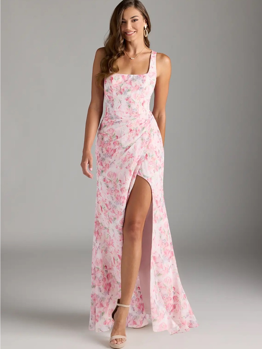 Azazie Abstract Watercolor Floral Sheath Pleated Chiffon Dress Extra Length